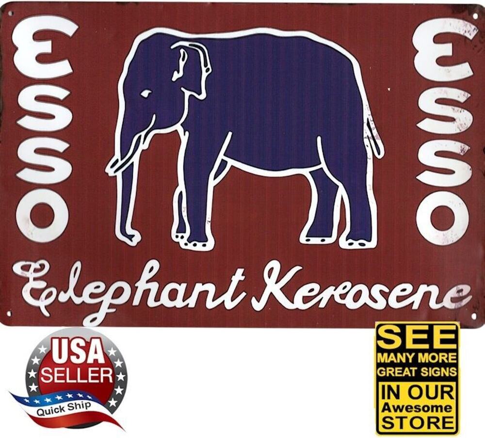 Metal Tin Petroliana Sign • Esso (Blue) Elephant Kerosene • 12in x 8in